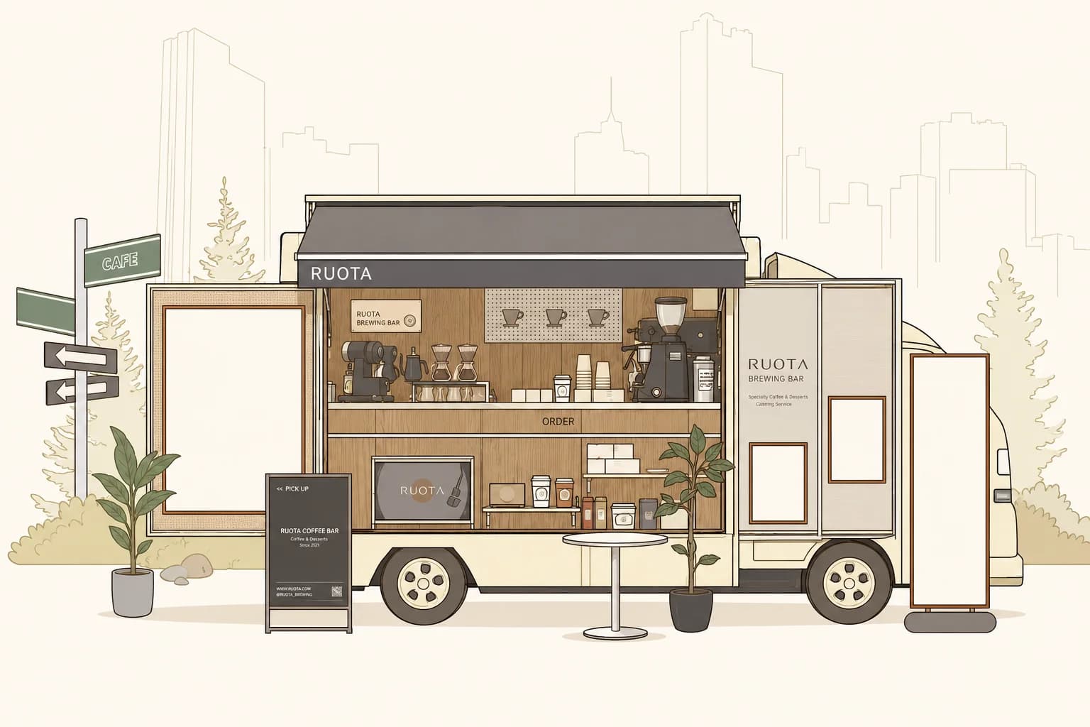 2호차 브루잉바 트럭과 부스 셋업 일러스트레이션 — 측면 서비스 윈도우, 사이드 배너, 메뉴 보드 위치